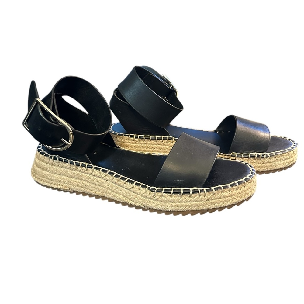 Zara Size 40/8.5 Women's Espadrille, Black Leather Wedge Heeled Sandal - Picture 5 of 8